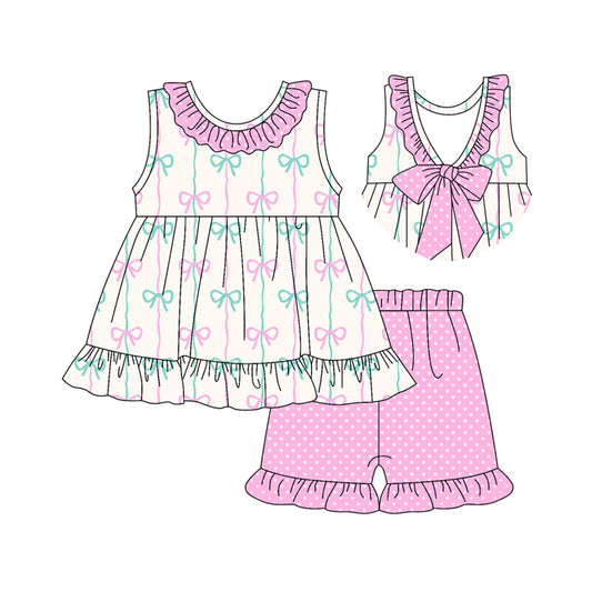 Preorder (moq 5)Baby Girls Bows Stripe Tunic Pink Polka Dots Ruffle Shorts Clothes Sets