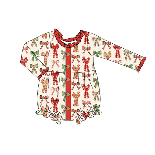 Preorder (moq 5)Baby Girls Long Ruffle Sleeves Green Red Plaid Bows Button Rompers