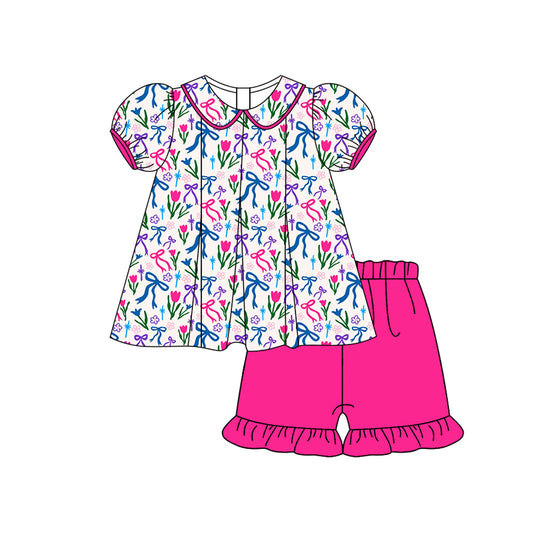 Preorder (moq 5)Baby Girls Short Ruffle Sleeves Colorful Bows Flowers Tunic Pink Ruffle Short Set