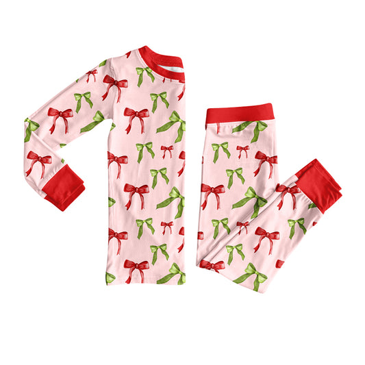 Preorder (moq 5)Baby Girls Long Sleeves Red Green Bows Plaid Top Pants Pajamas Set