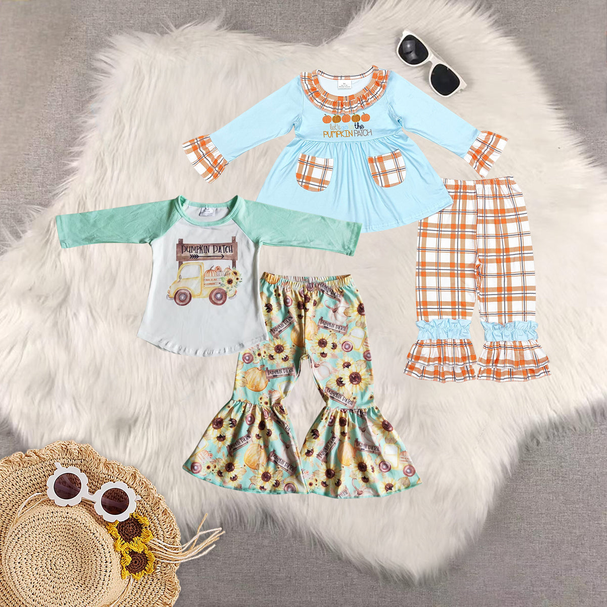 Sibling Baby Girls Long Sleeves Pumpkin Truck Tunic Bell Bottom Pant Fall Clothes Set