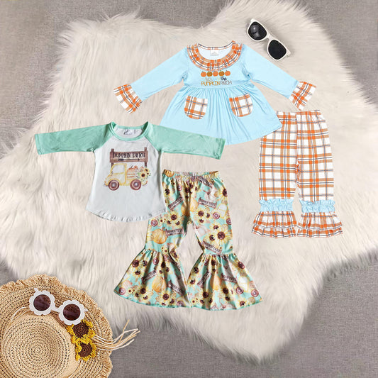 Sibling Baby Girls Long Sleeves Pumpkin Truck Tunic Bell Bottom Pant Fall Clothes Set