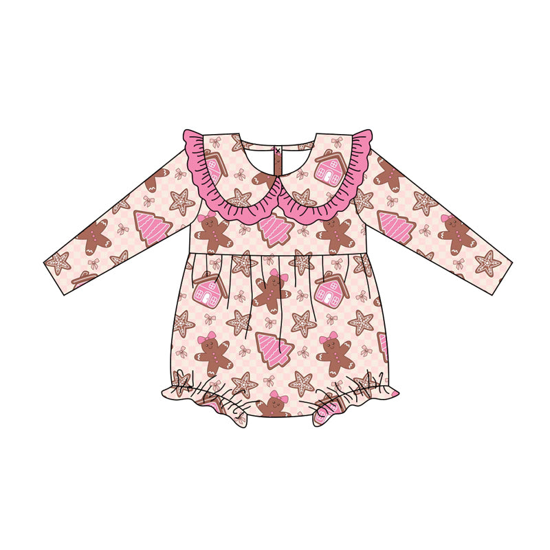 Preorder (moq 5)Baby Girls Long Sleeves Gingerbread Trees Plaid Ruffle Pant Romper