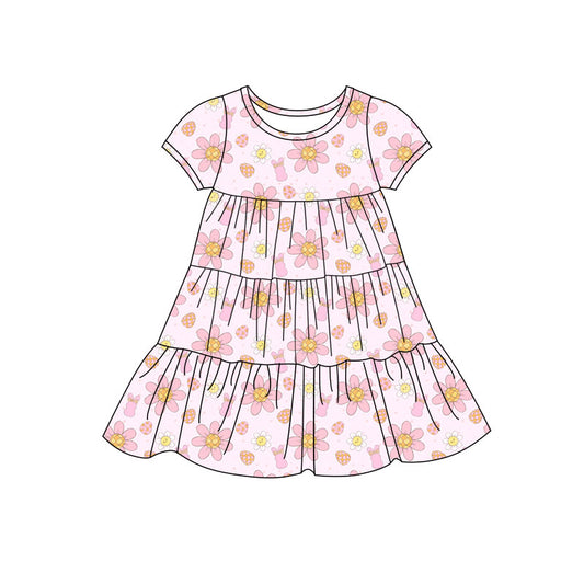 Preorder(moq 5) Baby Girls Rabbits Flowers Easter Patchwork Ruffle Knee Length Dresses