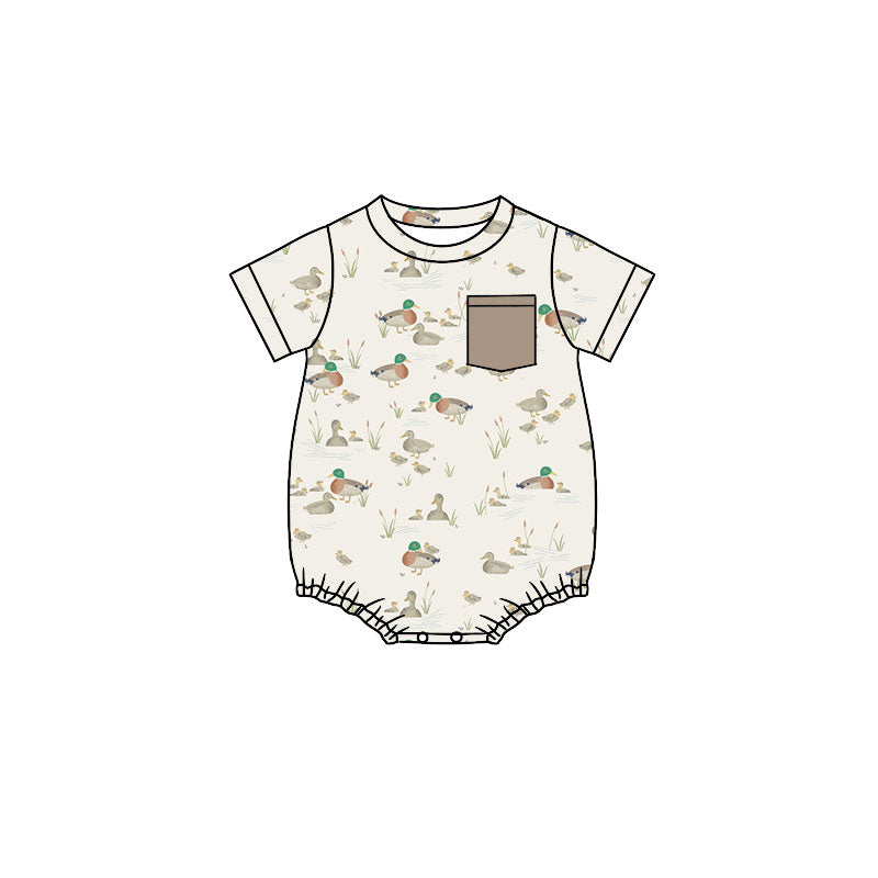 Preorder (moq 5)Baby Boys Ducks Plaid Pockets Short Sleeve Rompers