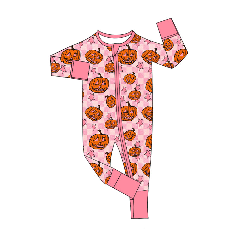 Preorder (moq 5)Baby Girls Pink Long Sleeves Plaid Stars Pumpkins Zipper Rompers