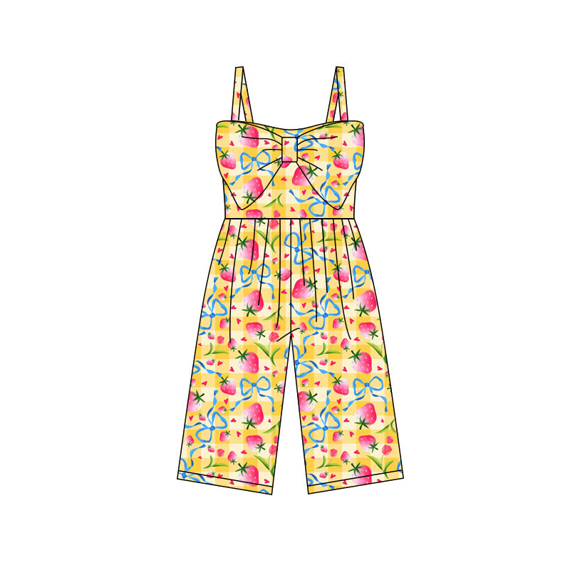 Preorder (moq 5)Baby Girls Strap Yellow Checked Bow Strawberry Hearts Valentines Jumpsuits