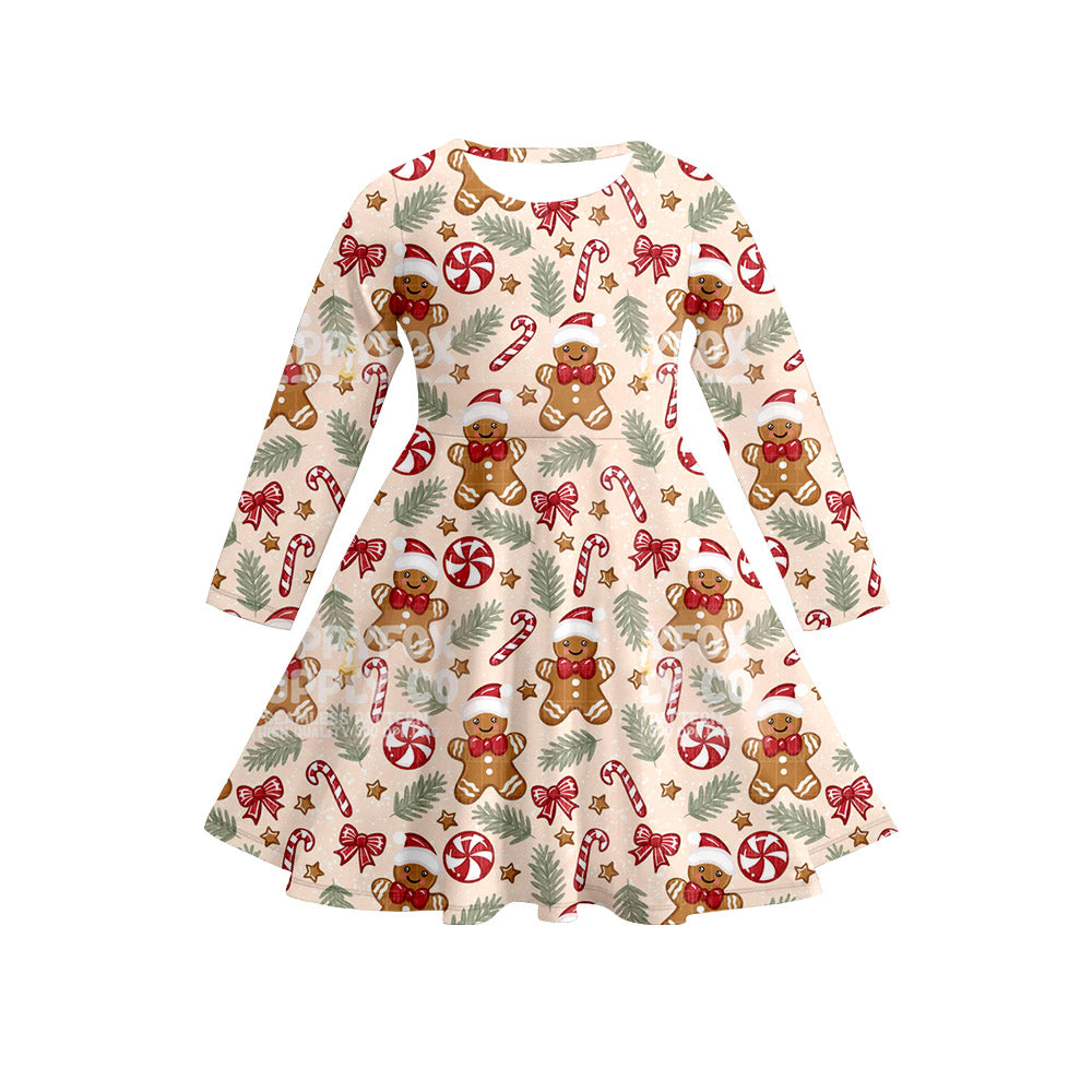 Preorder (moq 5)Baby Girls Long Sleeves Gingerbread Candy Cane Plaid Knee Length Dresses
