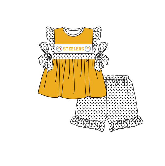 Preorder (moq 5)Baby Girls Flutter Sleeve Steelers Tunic Polka Dots Ruffle Shorts Team Clothes Sets