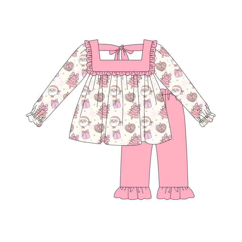 Preorder (moq 5)Baby Girls Pink Long Sleeves Santa Trees Tunic Ruffle Pant Sets