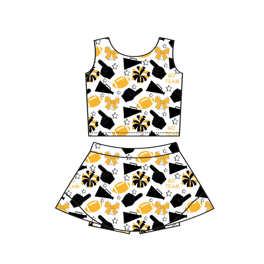 Preorder(moq 8)Baby Girls Gold Black Bows Footballs Vest Top Shirt Shorts Team Clothes Sets