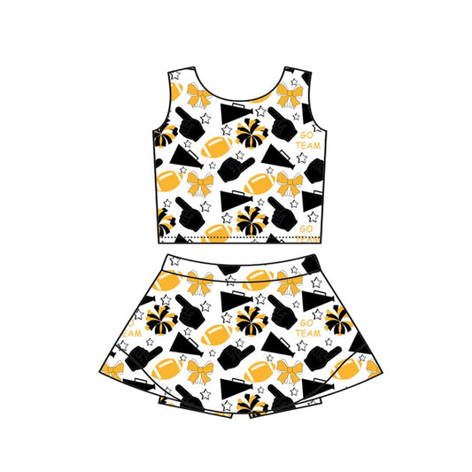 Preorder(moq 8)Baby Girls Gold Black Bows Footballs Vest Top Shirt Shorts Team Clothes Sets