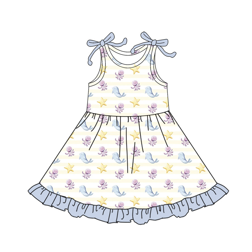 Preorder (moq 5)Baby Girls Bows Sleeveless Sea World Stars Ruffle Knee Length Dresses