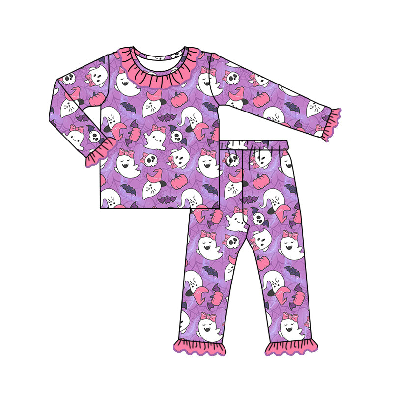 Preorder (moq 5)Baby Girls Purple Long Ruffle Sleeves Bats Ghosts Top Pant Pajamas Set
