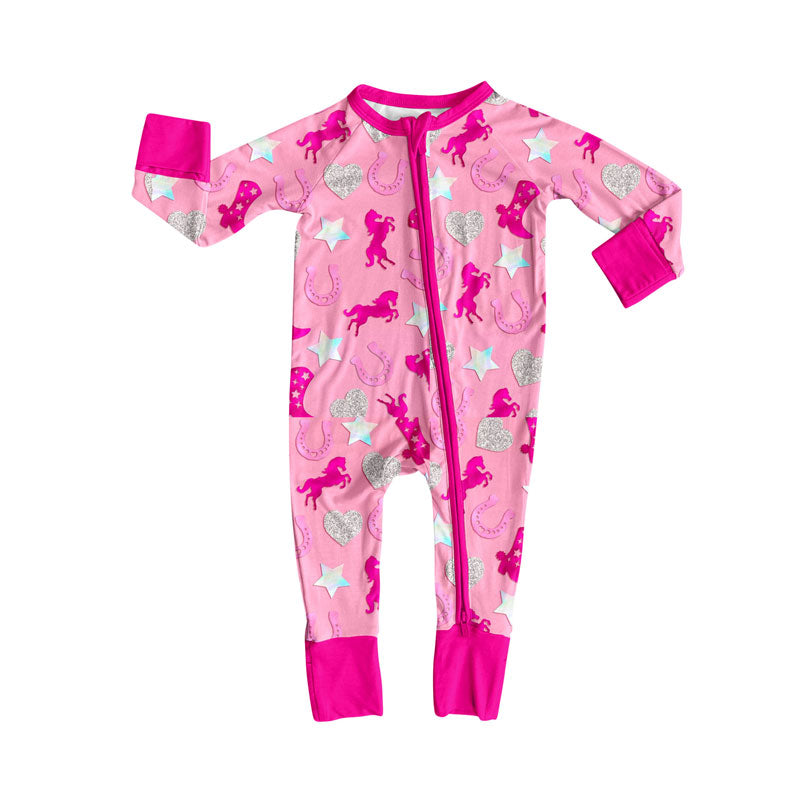Preorder (moq 8)Baby Girls Horse Rodeos Hearts Western Zipper Footie Rompers
