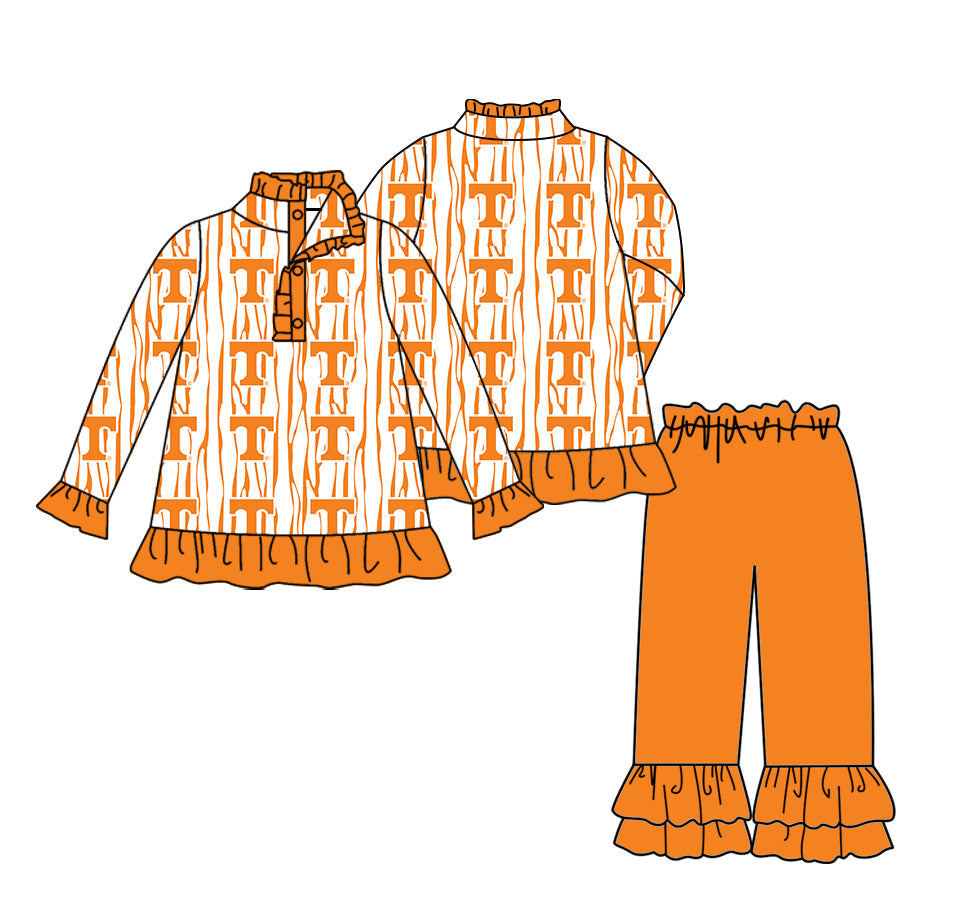 Preorder(moq 5) Baby Girls Orange T Stripe Button Pullovers Ruffle Pants Team Clothes Sets