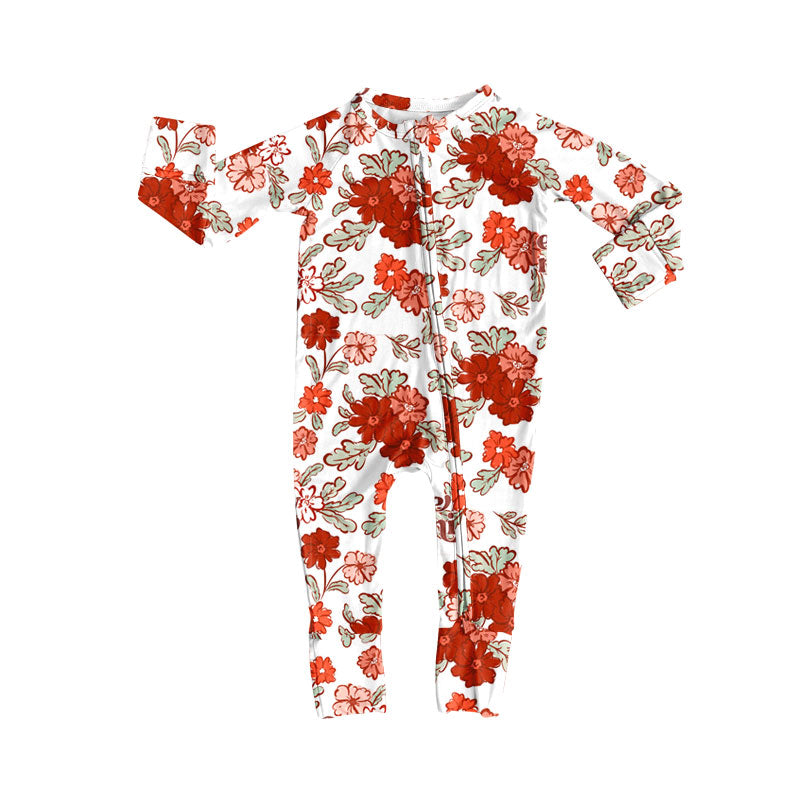 Preorder (moq 8)Baby Girls Pink Red Flowers Valentine Zipper Footie Rompers