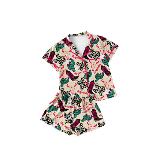 Preorder (moq 5)Baby Girls Khaki Short Sleeves Bull Skull Boots Button Pocket Top Short Pajamas Set