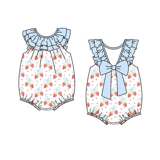 Preorder(moq 5)Baby Infant Girls Blue Sleeveless Bows Strawberry Ruffle Rompers