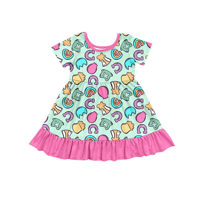 Preorder(moq 8)Baby Girls Rainbows Hats St Patrick Ruffle Knee Length Dresses