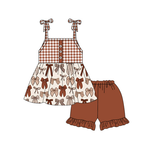 Preorder moq 5 Baby Girls Strap Button Brown Bows Tunic Ruffle Short Set