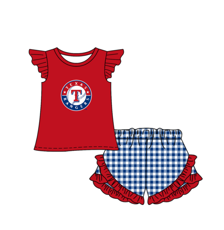 Preorder (moq 5)Baby Girls Texas Rangers Shirt Top Checked Ruffle Short Team Clothes Set