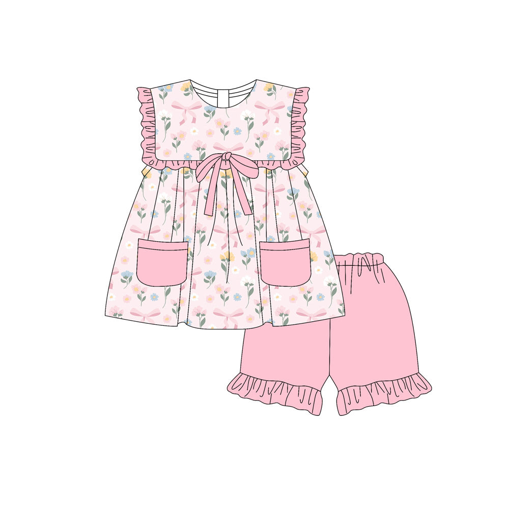Preorder (moq 5)Baby Girls Colorful Flowers Bows Pockets Tunic Ruffle Short Clothes Sets