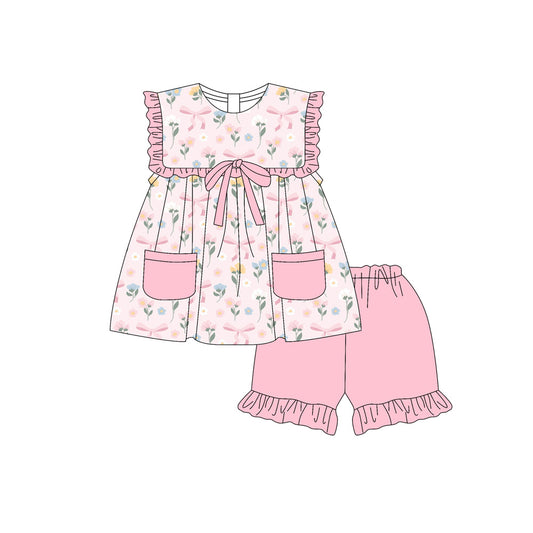 Preorder (moq 5)Baby Girls Colorful Flowers Bows Pockets Tunic Ruffle Short Clothes Sets