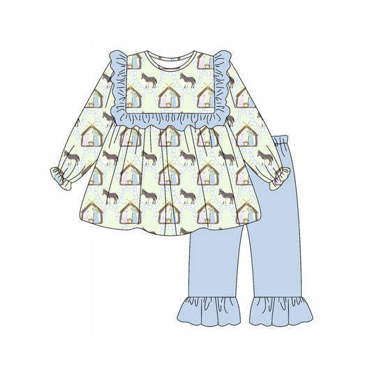 Preorder (moq 5)Baby Girls Long Sleeves Blue Donkey Jesus Plaid Tunic Ruffle Pant Set