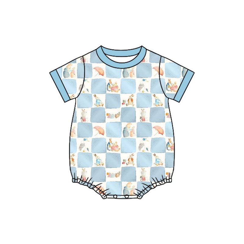 Preorder (moq 5)Baby Boys Short Sleeve Blue Checked Rabbits Easter Rompers