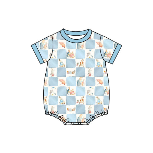 Preorder (moq 5)Baby Boys Short Sleeve Blue Checked Rabbits Easter Rompers