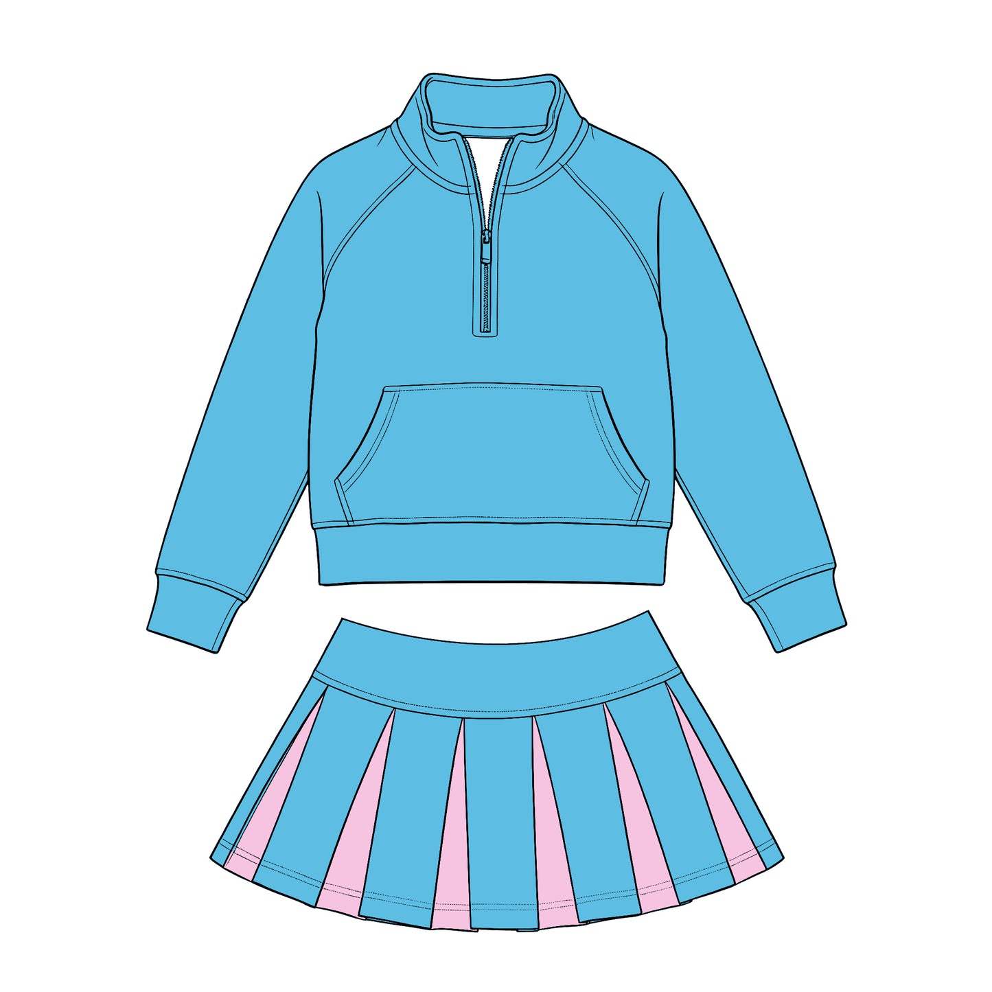 Preorder (moq 5) Baby Girls Blue Zip Pockets Pullovers Pink Pleated Skirt Short Clothes Sets