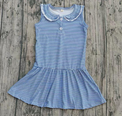 Preorder (moq 5)Baby Girls Sleeveless Blue Stripe Button Ruffle Knee Length Dresses