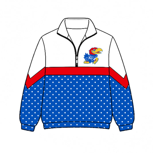 Preorder (moq 5)Baby Boys Blue Polka Dots KU Team Zip Pullovers Top