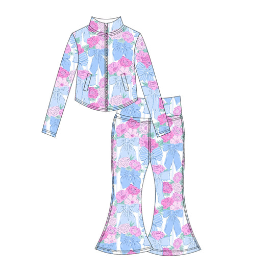 Preorder moq 10 Baby Girls Blue Bows Flowers Long Sleeves Pockets Zipper Top Bell Bottom Pant Activity Wear Yoga Set