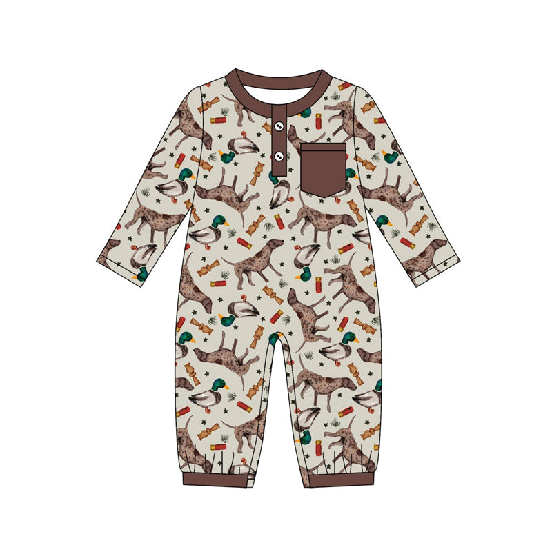 Preorder(moq 5)Baby Boys Dogs Ducks Calls Plaid Button Pockets Hunting Footie Rompers