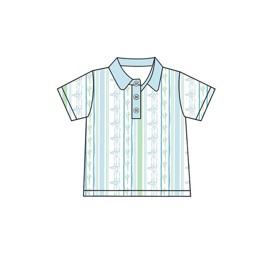 Preorder moq 5 Baby Boys Short Sleeve Boot Cactus Stripe Western Button Polo Shirts Top
