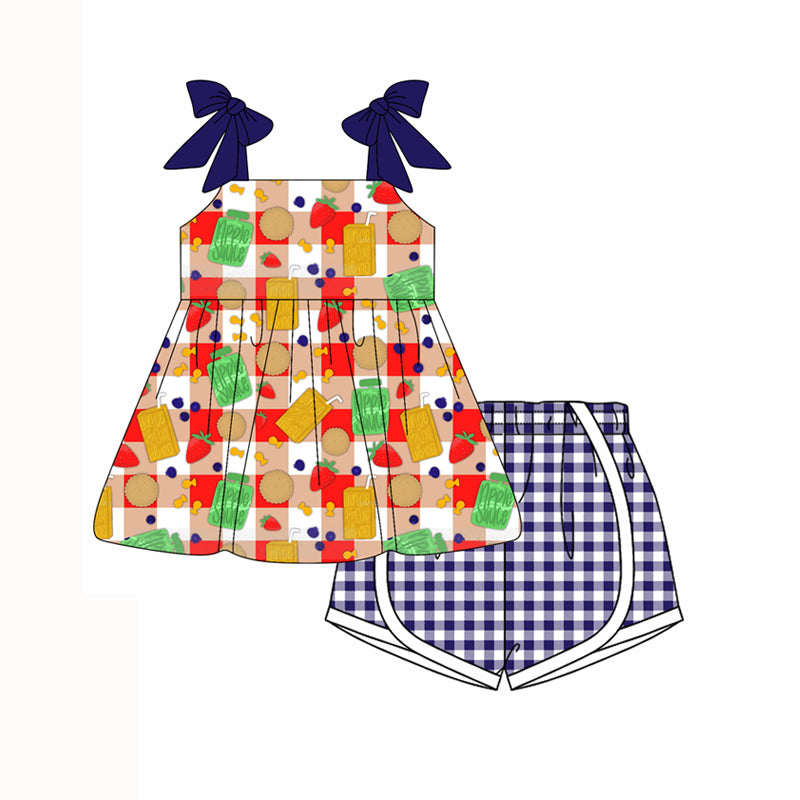 Preorder moq 5 Baby Girls Purple Strap Juice Strawberry Tunic Plaid Short Set