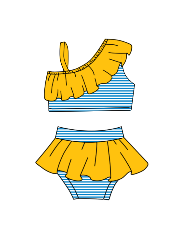 Preorder moq 5 Baby Girls Strap Blue Stripe Vest Top Bummies Short Team Swimsuits
