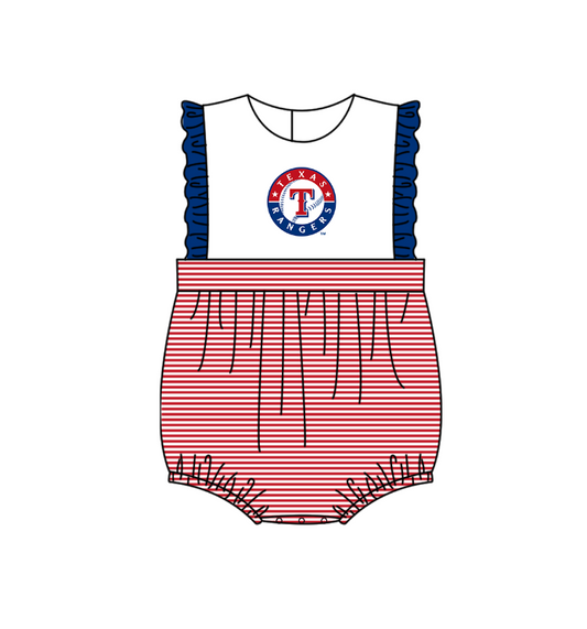 Preorder (moq 5)Baby Girls Sleeveless Texas Rangers Stripe Team Ruffle Rompers