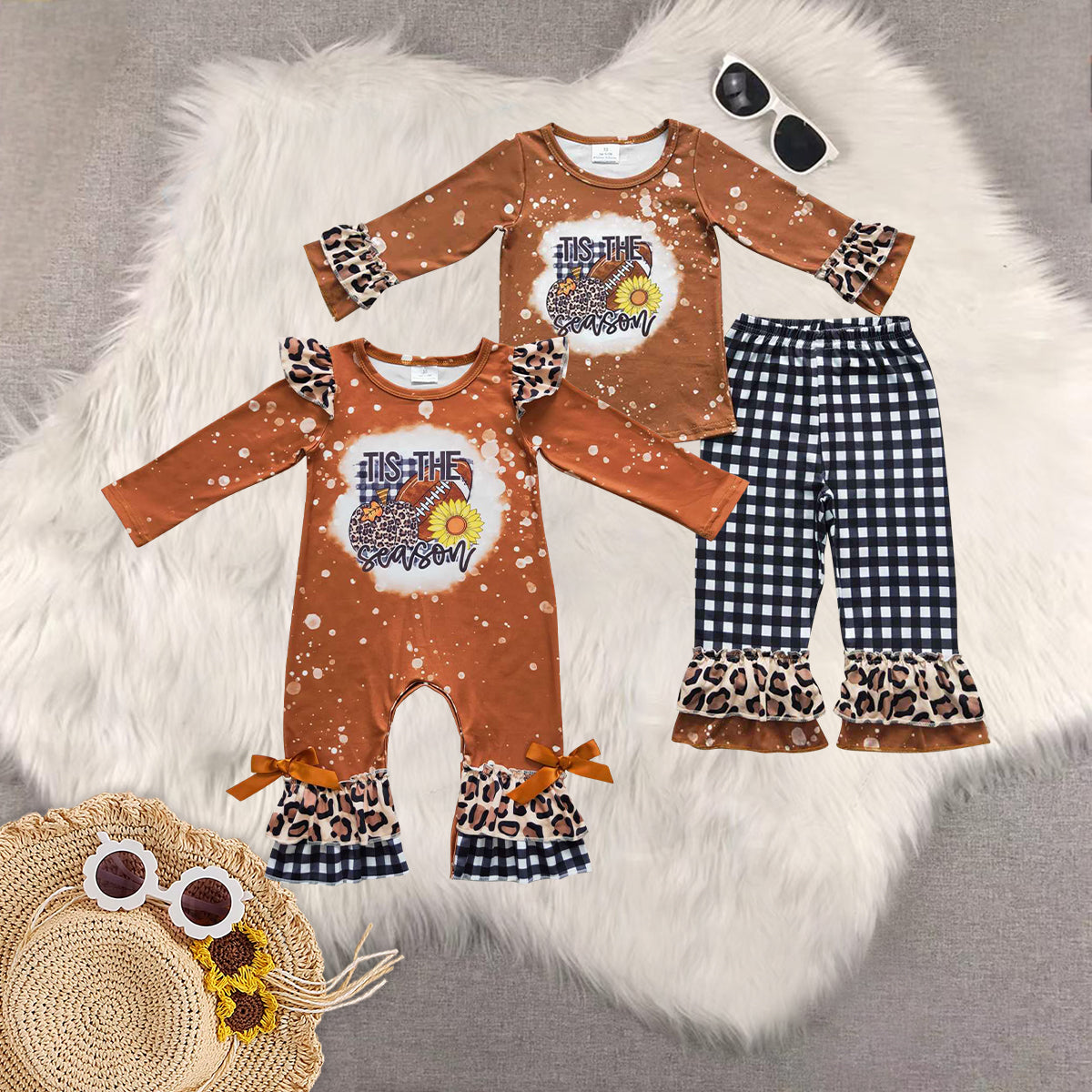 Sibling Baby Girls Football Pumpkin Leopard Ruffle Pants Clothes Sets Rompers
