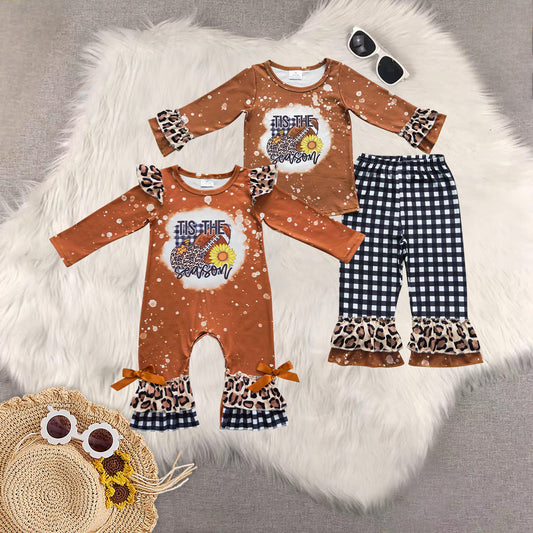 Sibling Baby Girls Football Pumpkin Leopard Ruffle Pants Clothes Sets Rompers
