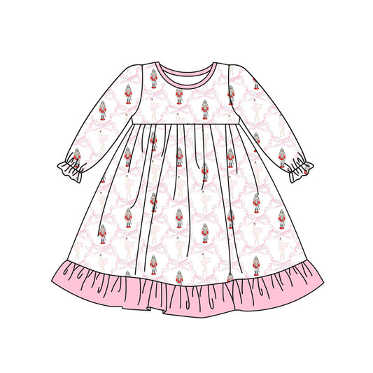 Preorder (moq 5)Baby Girls Long Ruffle Sleeves Bows Soldier Plaid Knee Length Dresses