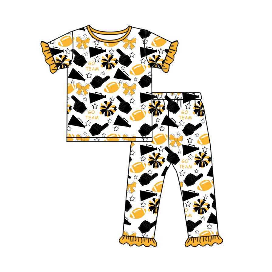 Preorder(moq 8)Baby Girls Gold Black Bows Footballs Top Ruffle Pants Team Pajamas Sets