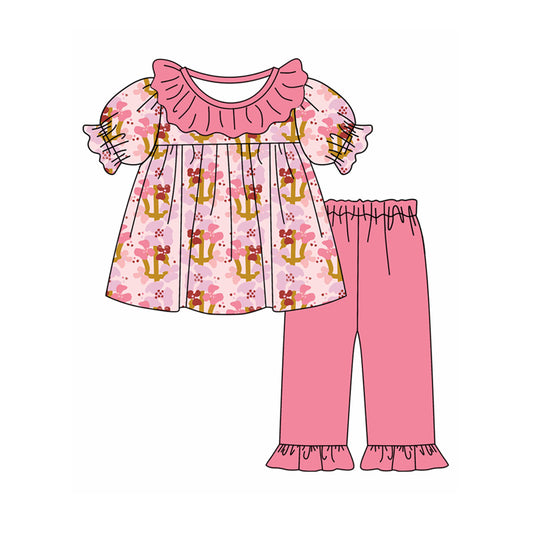 Preorder moq 5 Baby Girls Pink Short Sleeves Floral Plaid Tunic Ruffle Pant Set