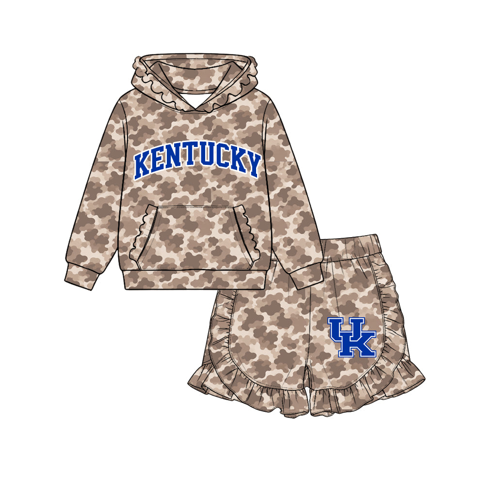 Preorder (moq 5) Baby Girl Clothes Kentucky UK Logo Camo Print Long Sleeve Ruffle Hoodie & Ruffle Short Set
