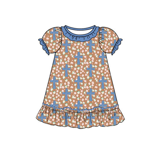 Preorder (moq 5)Baby Girls Flowers Crosses Easter Ruffle Knee Length Dresses