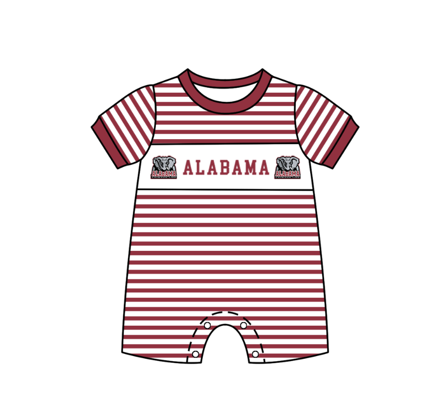 Preorder (moq 5)Baby Boys Short Sleeve Alabama Red Stripe Team Rompers