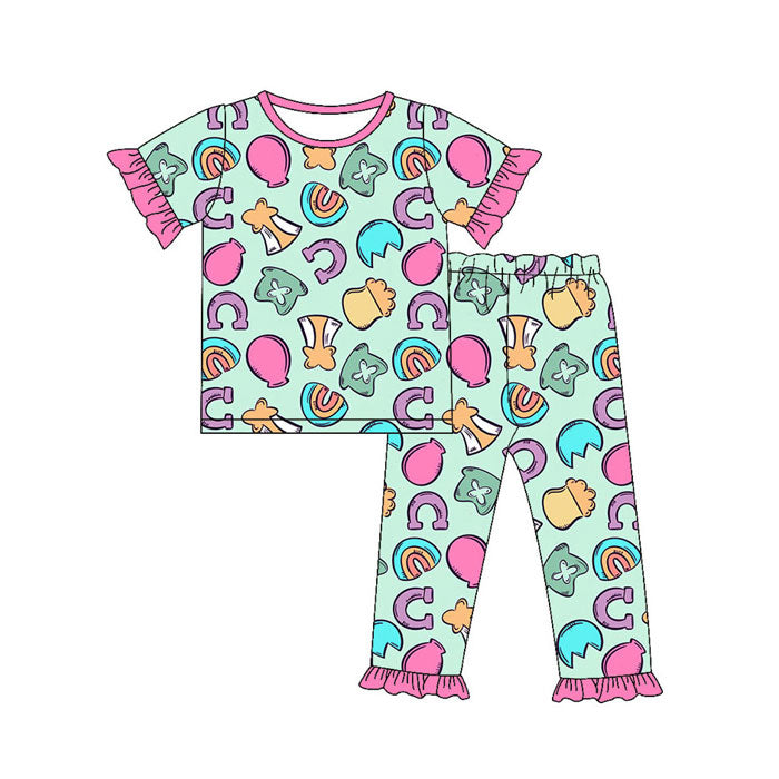Preorder(moq 8)Baby Girls Rainbows Hats Top Ruffle Pant St Patrick Pajamas Sets