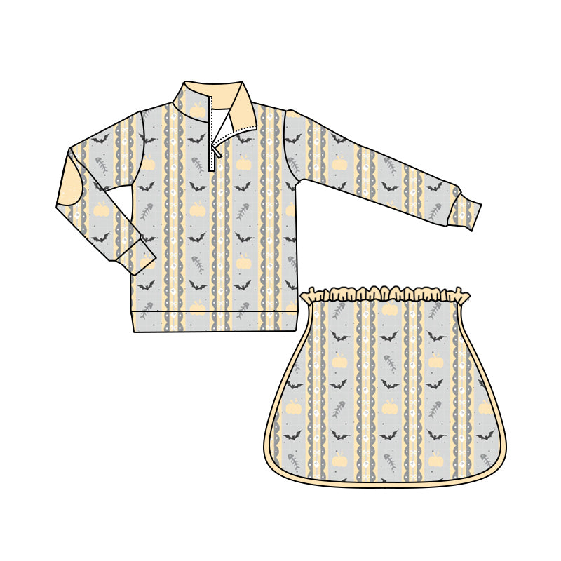 Preorder (moq 5)Baby Girls Long Sleeves Yellow Pumpkins Bats Zipper Pullovers Skirts Set